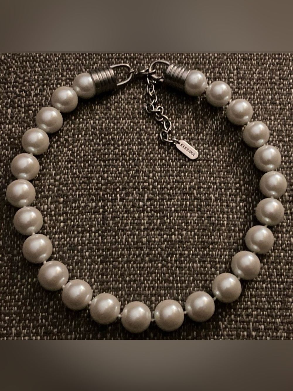 KISSAKA Signed, Hand Knotted, Silver Tone, Faux Pearl Choker & Bracelet
